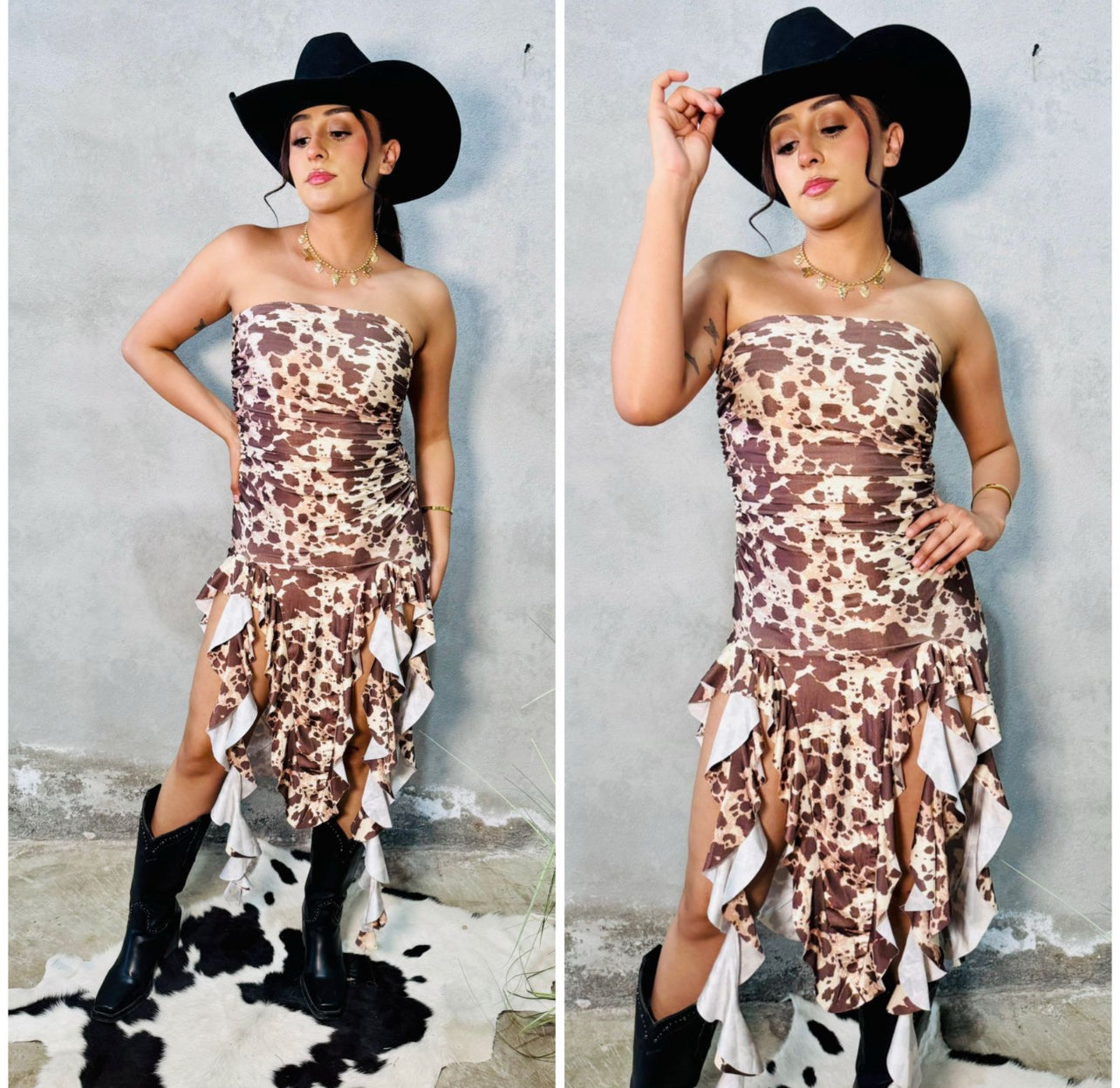 Cow print strapless ruffle dress (brown)