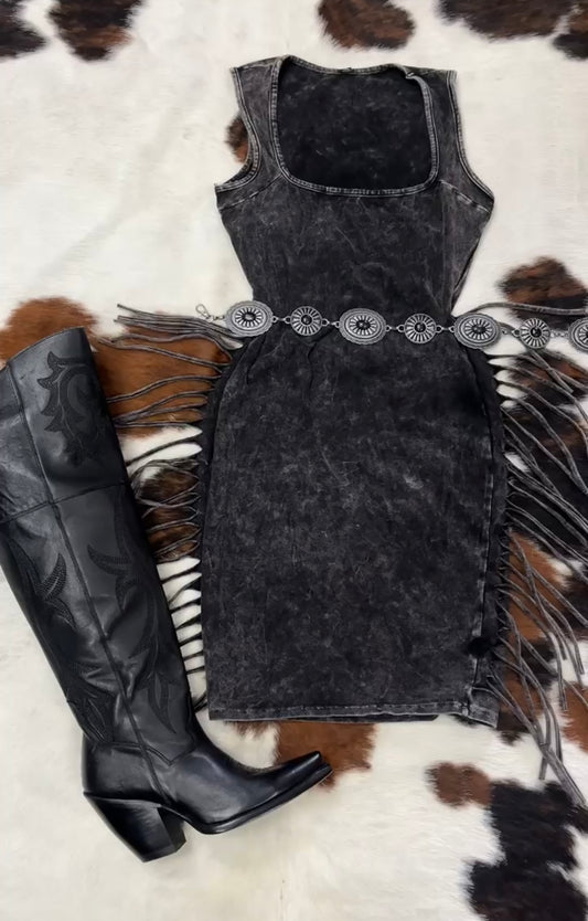 Black Charcoal Side Fringe Dress