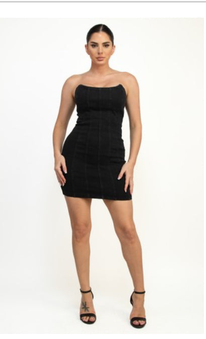 strapless black denim mini dress