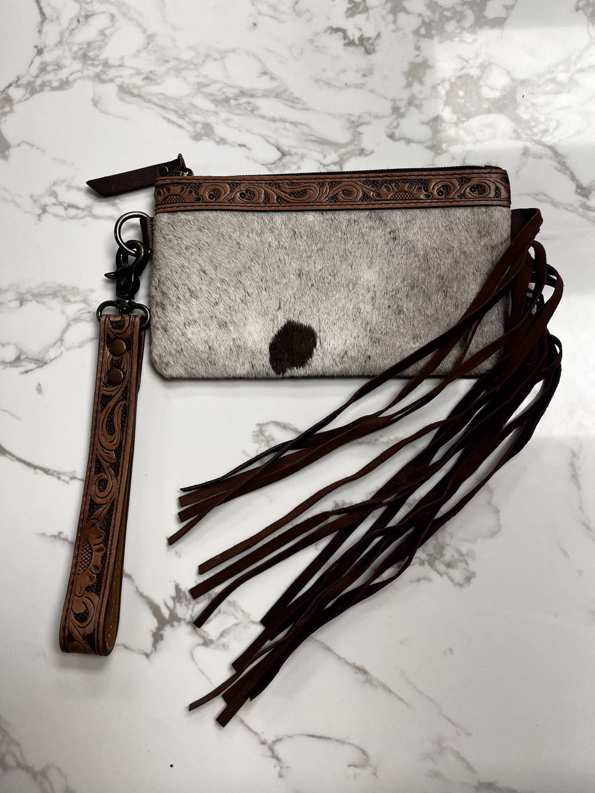 Cow Hide Fringe Wristlet Purse